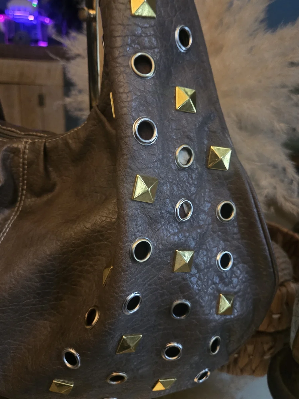 Y2K Brown Studded Grommet Fringe Hobo Bag Boho Rocker
